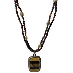 Handcrafted Glass Pendant Beaded Necklace Brown Yellow Seed Beads Jewelry Women